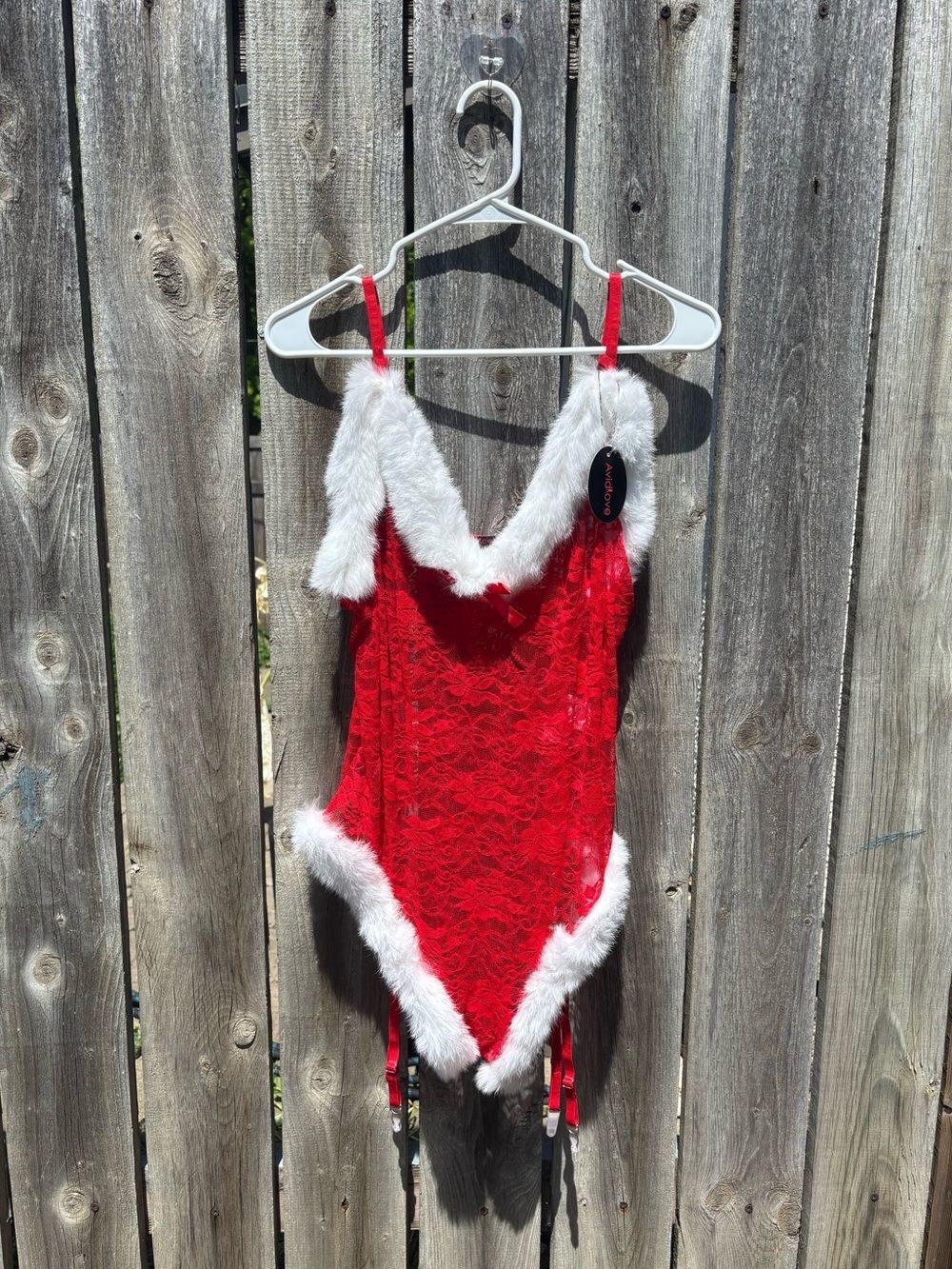 NEW Red Lace Holiday One-Piece with White Faux Fur Trim